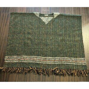 Vintage Made in Columbia Poncho Adult L XL Fringe Green Orange Virgin Wool